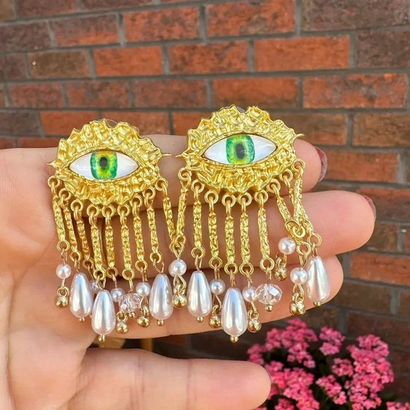 Maison Green Evil Eye Protection Pearl Dangle Earrings - Picture 3 of 12